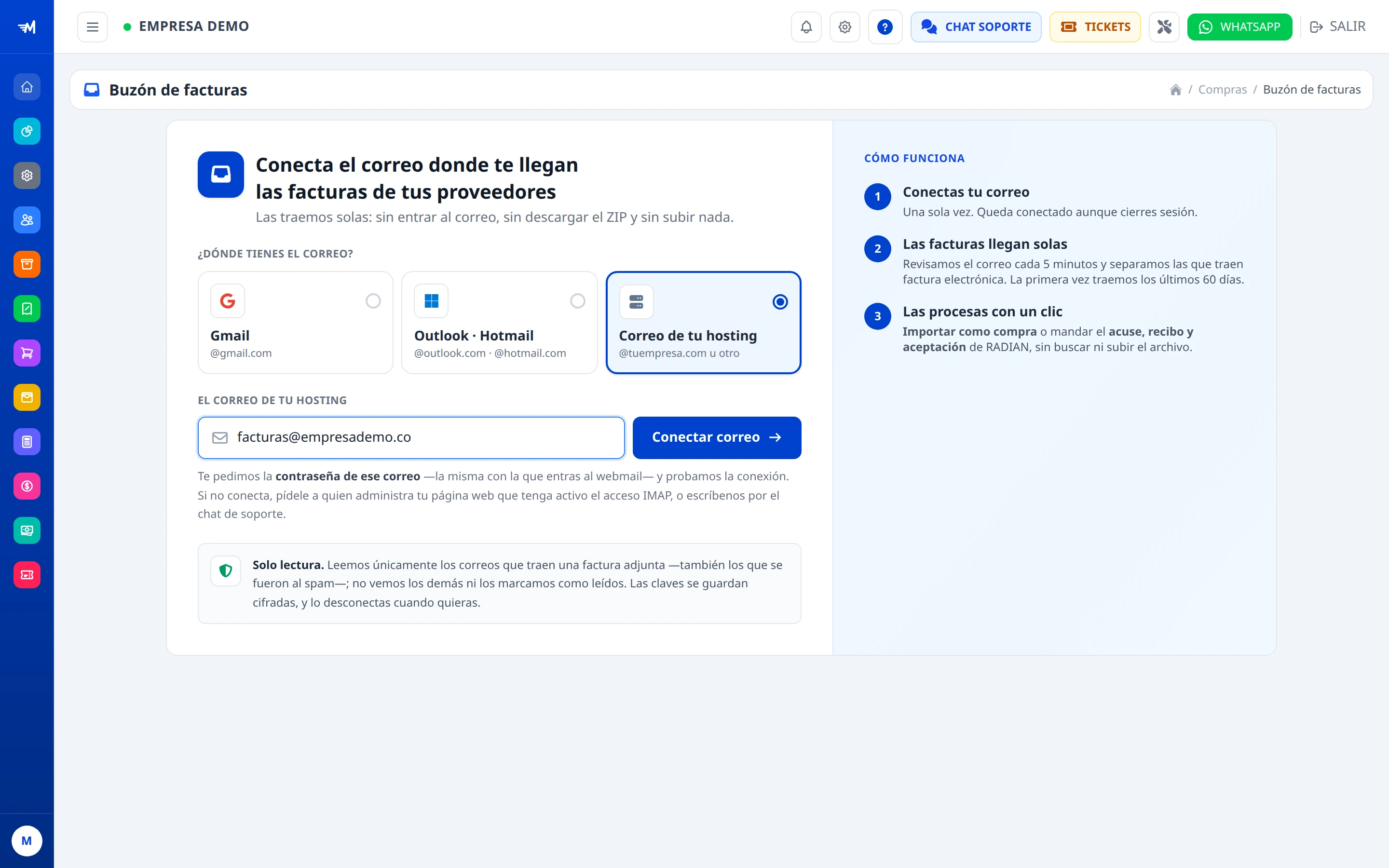 Pantalla para conectar el correo al Buzón de facturas.