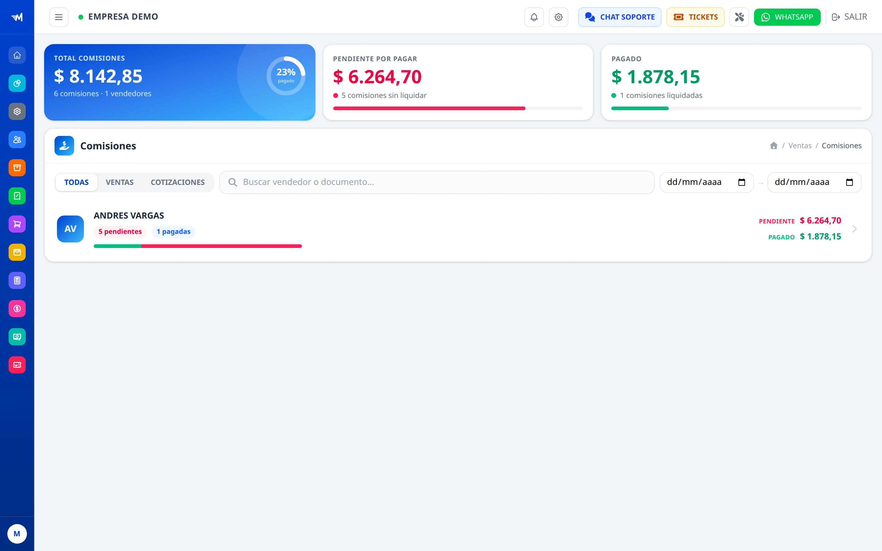 Listado de comisiones por vendedor en MASFACILITO.