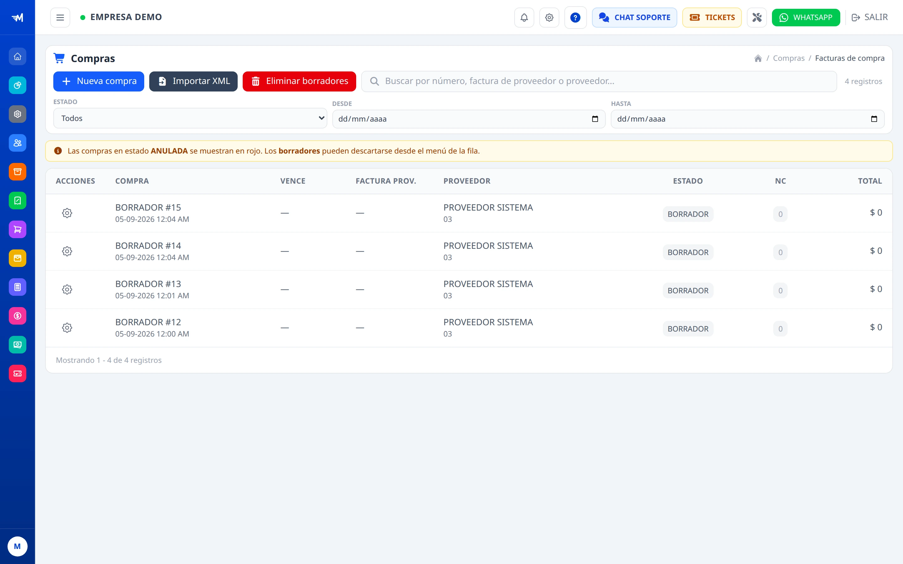Listado de facturas de compra en MASFACILITO, con los botones de nueva compra e importar XML.