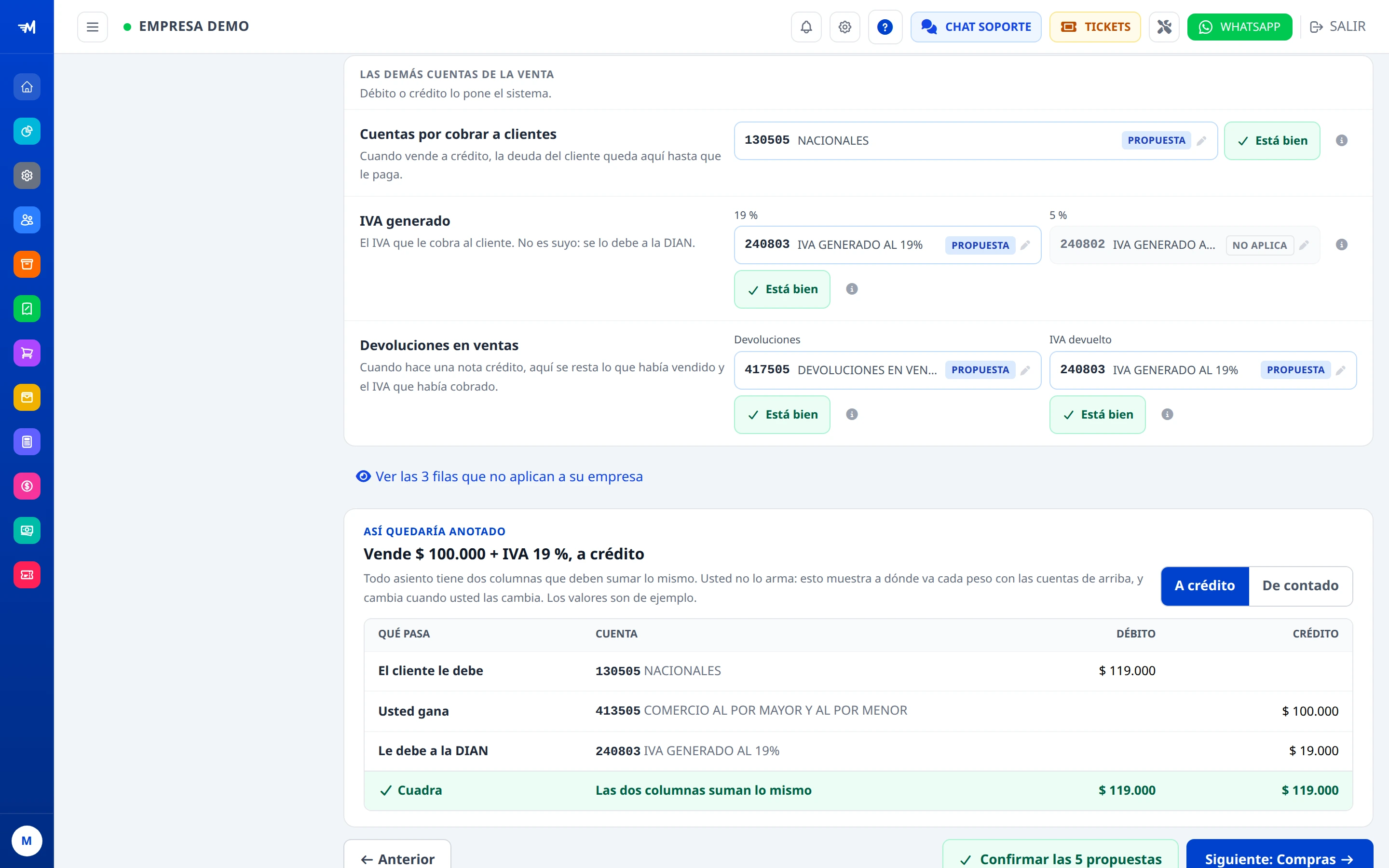 Ejemplo de asiento de una venta con las cuentas configuradas.