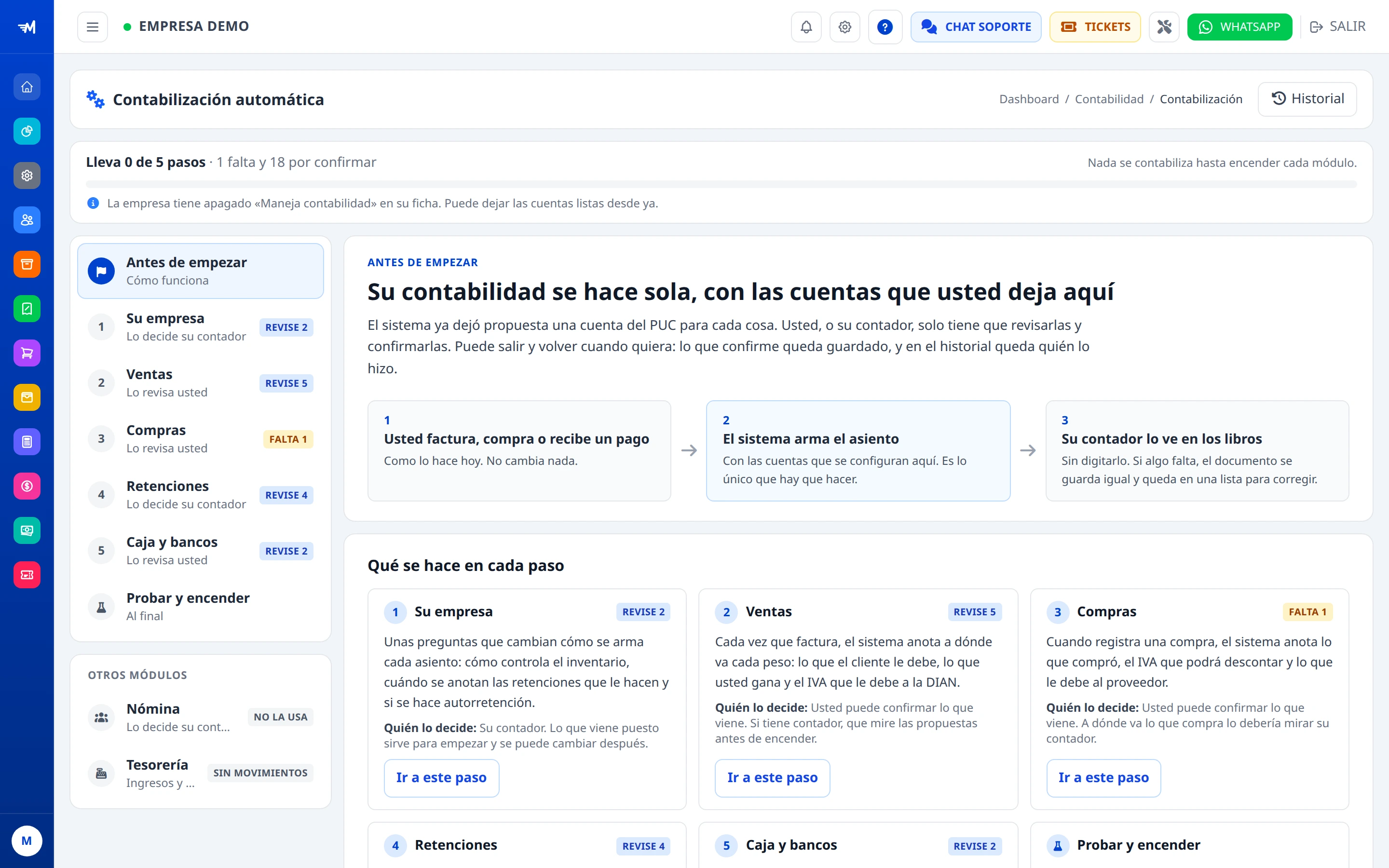 Pantalla inicial de la contabilización automática con el menú de pasos.