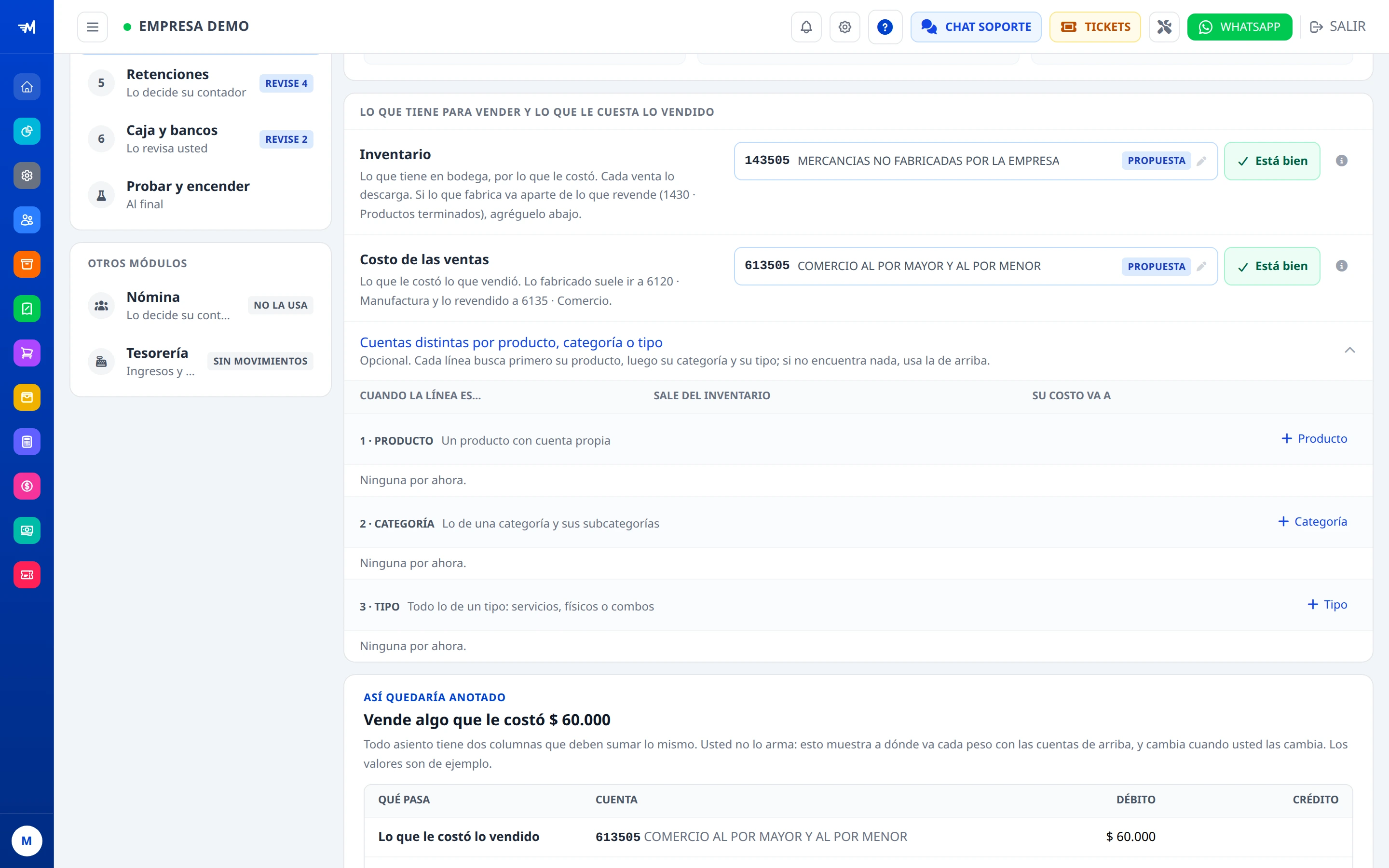 Paso Inventario: cuenta de inventario, costo de ventas y reglas por categoría.