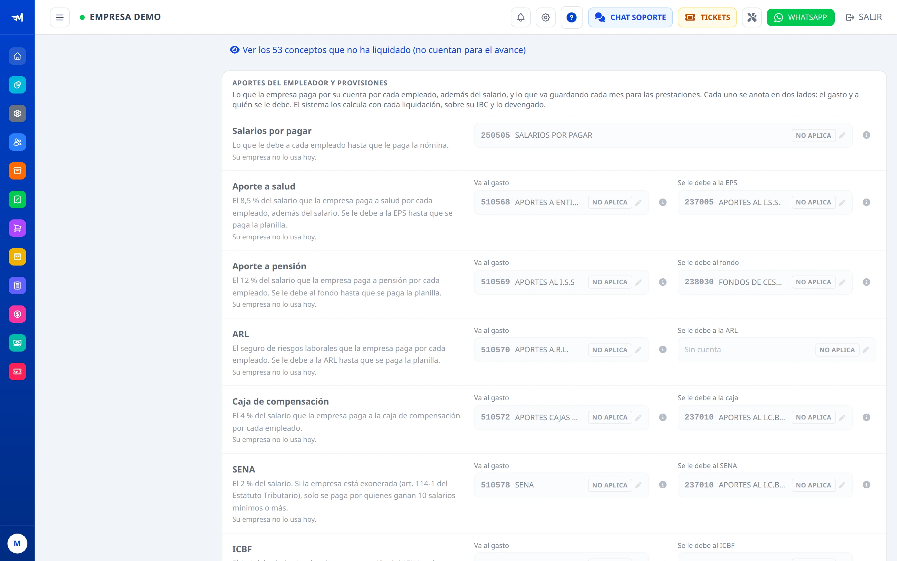 Aportes del empleador y provisiones con sus dos cuentas.