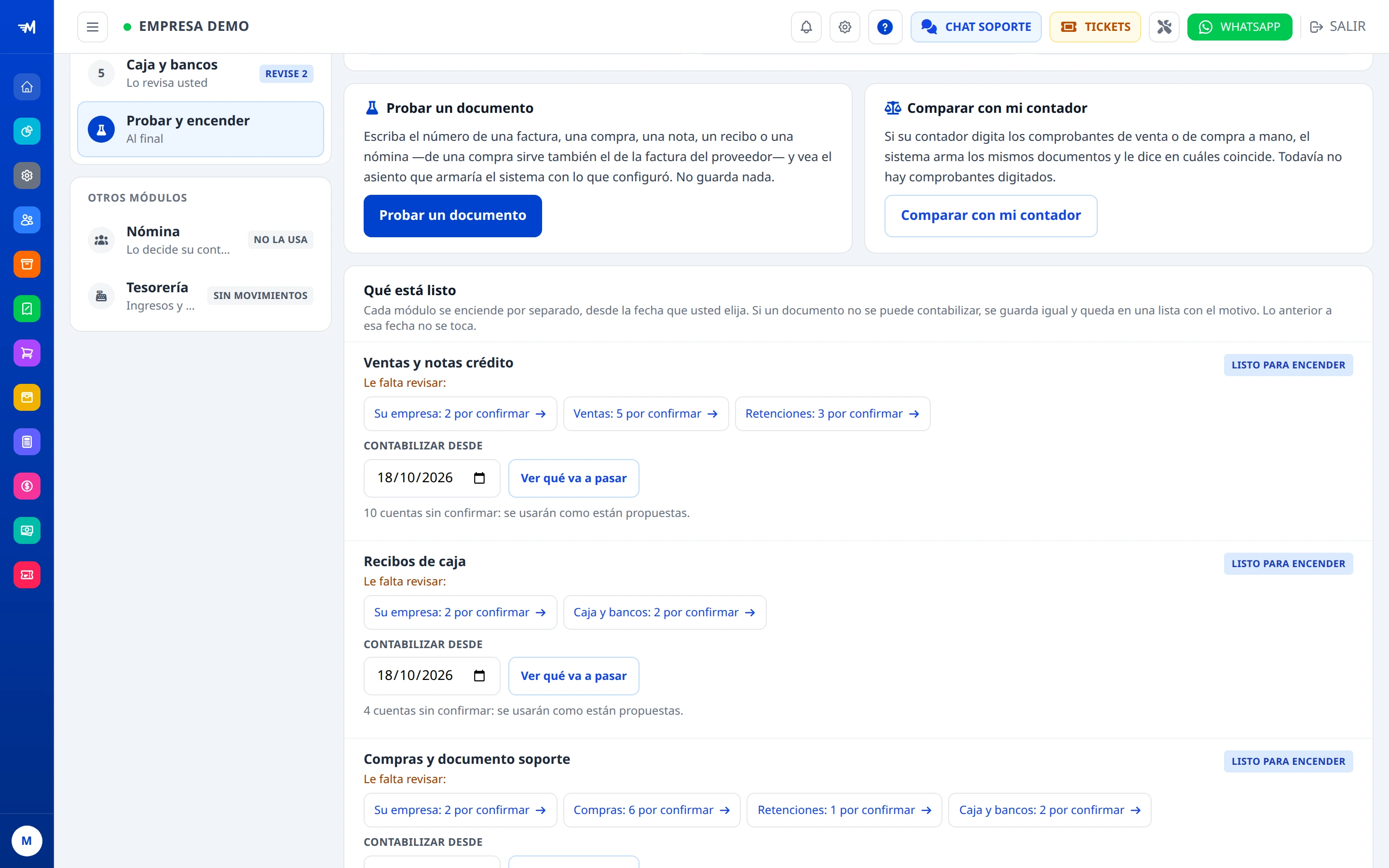 Probar un documento, comparar con el contador y qué está listo.
