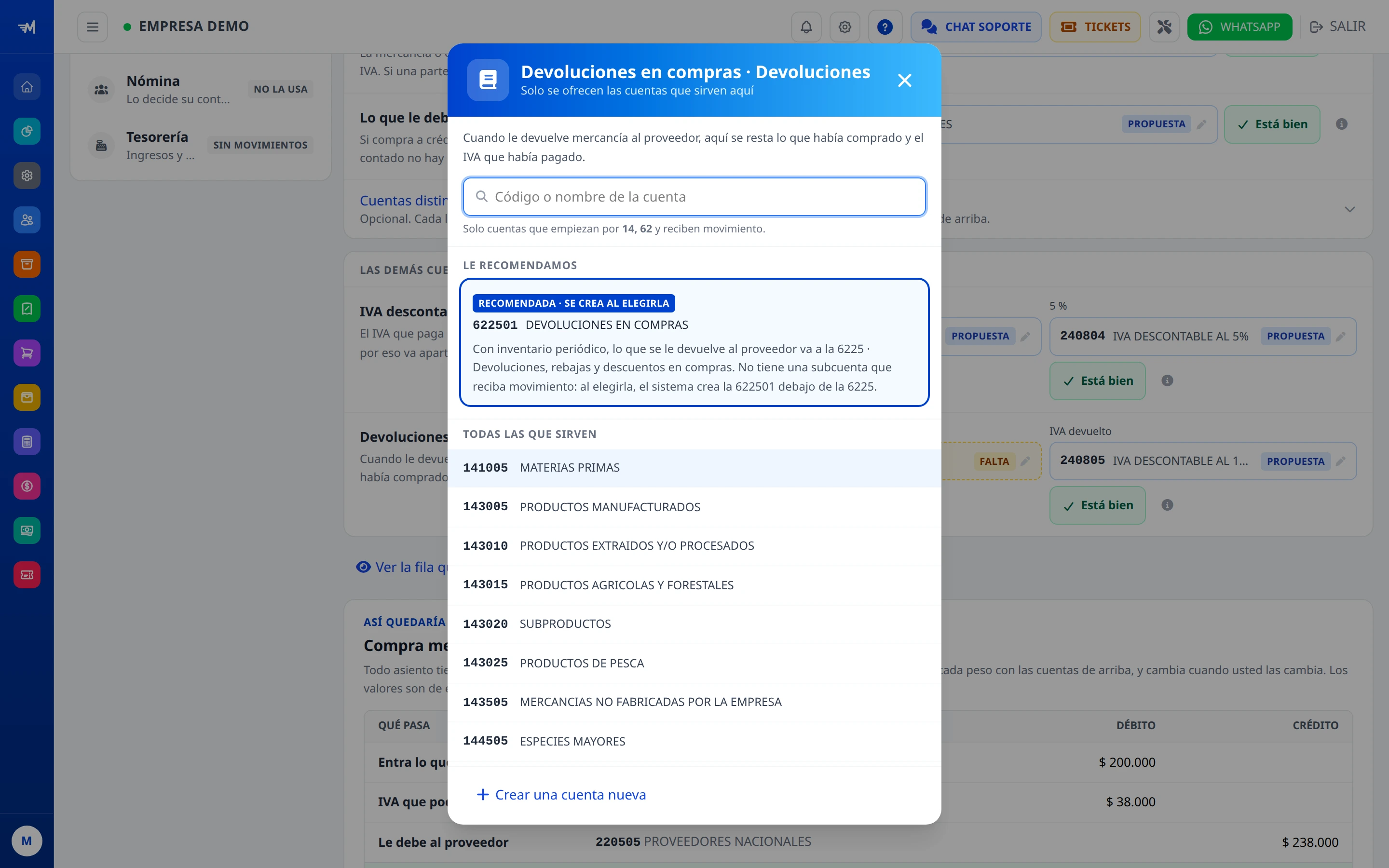 Selector de cuentas con la cuenta recomendada y la que se crea al elegirla.