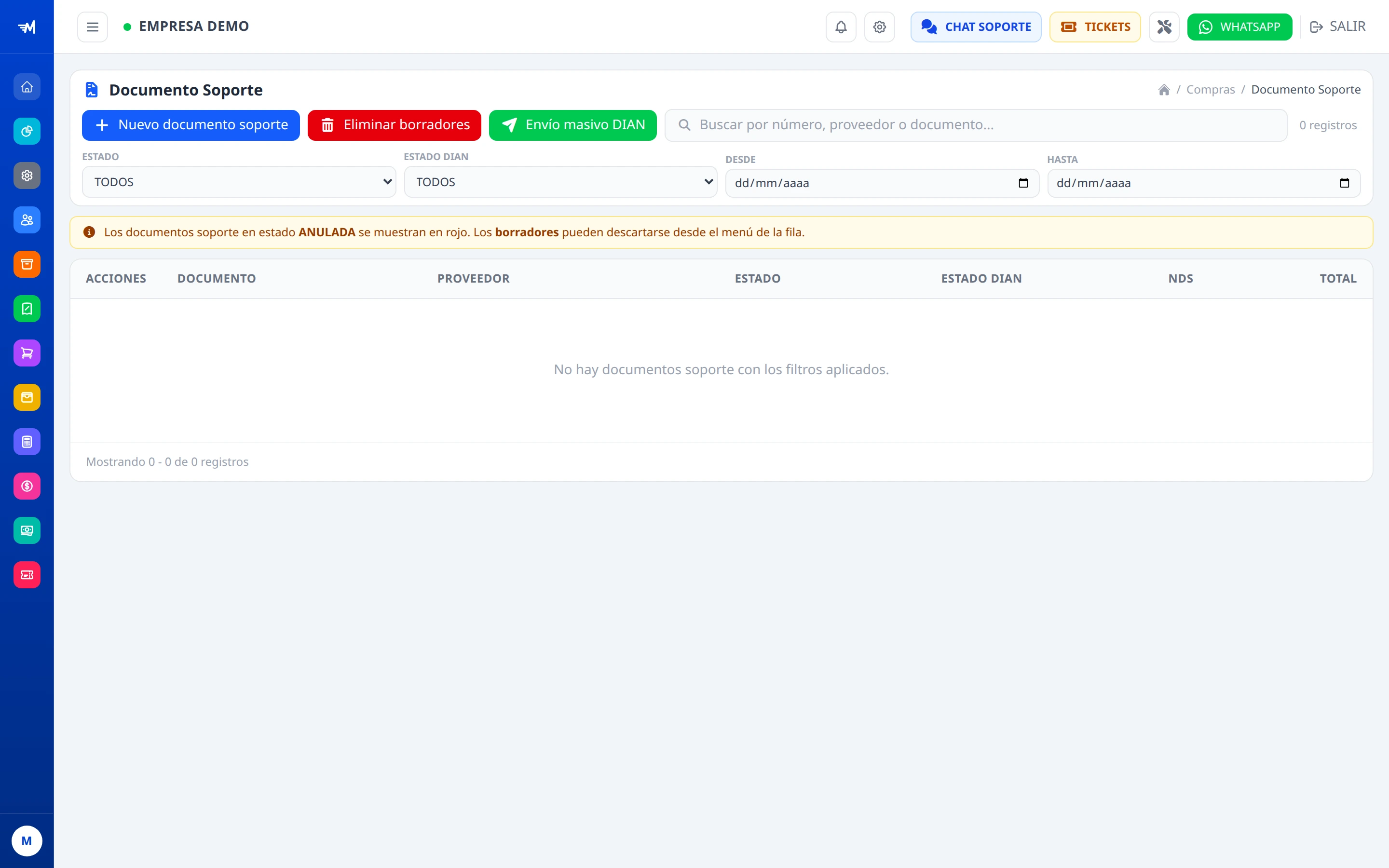 Listado de documentos soporte en MASFACILITO.