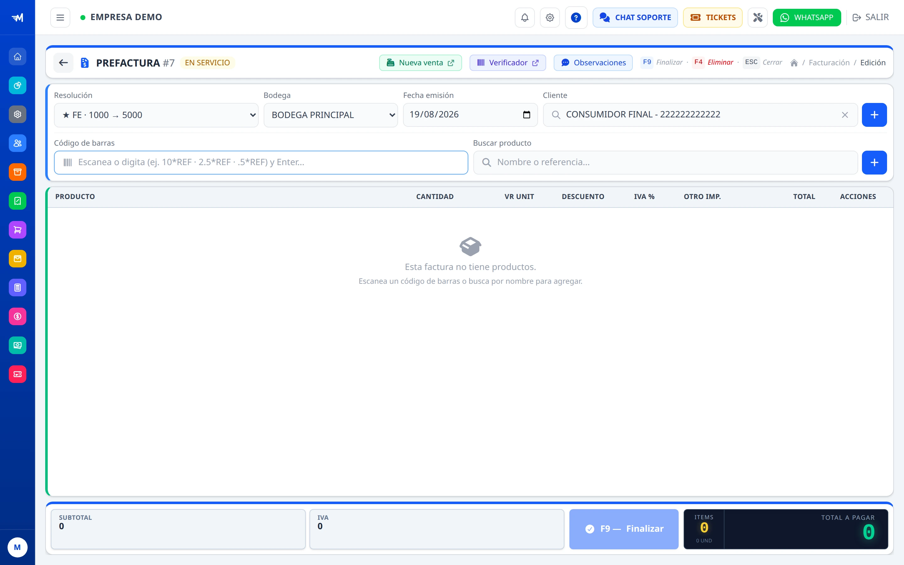 Pantalla de una venta nueva en MASFACILITO, con la resolución, la bodega, el cliente, el código de barras y la grilla de productos vacía.
