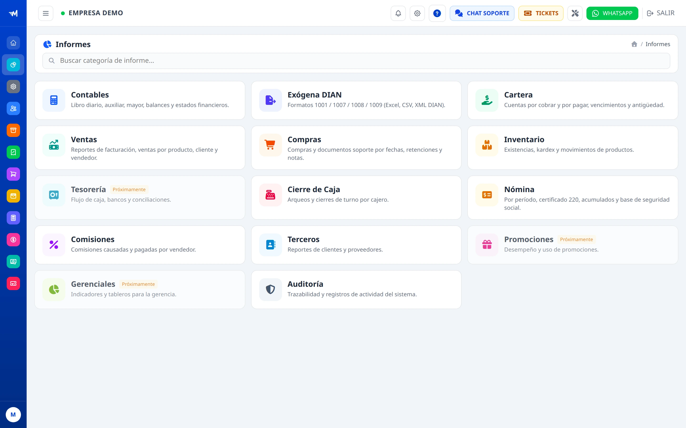 Hub de informes de MASFACILITO con sus categorías.