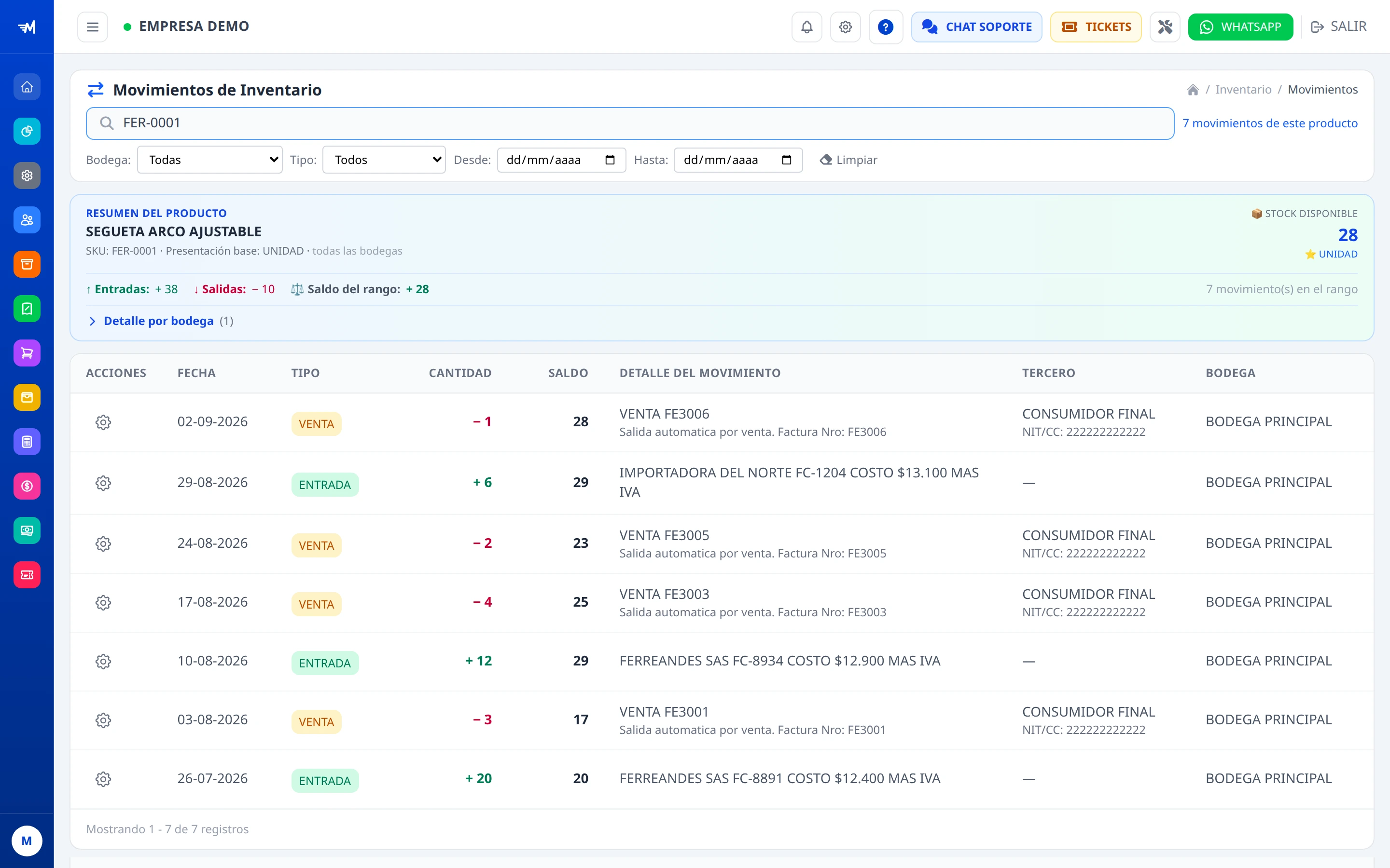 Kardex de MASFACILITO acotado a un solo producto, con la columna Saldo que muestra la existencia despues de cada movimiento.