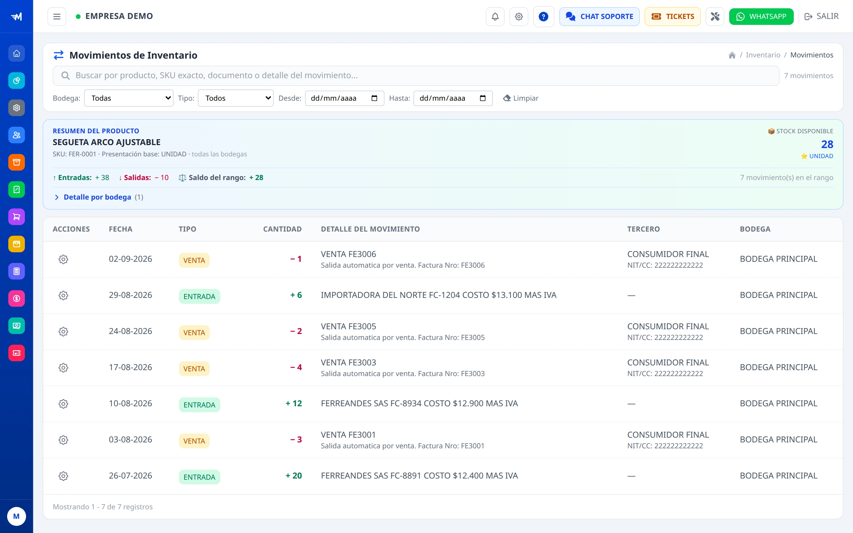 Kardex de movimientos de inventario en MASFACILITO.