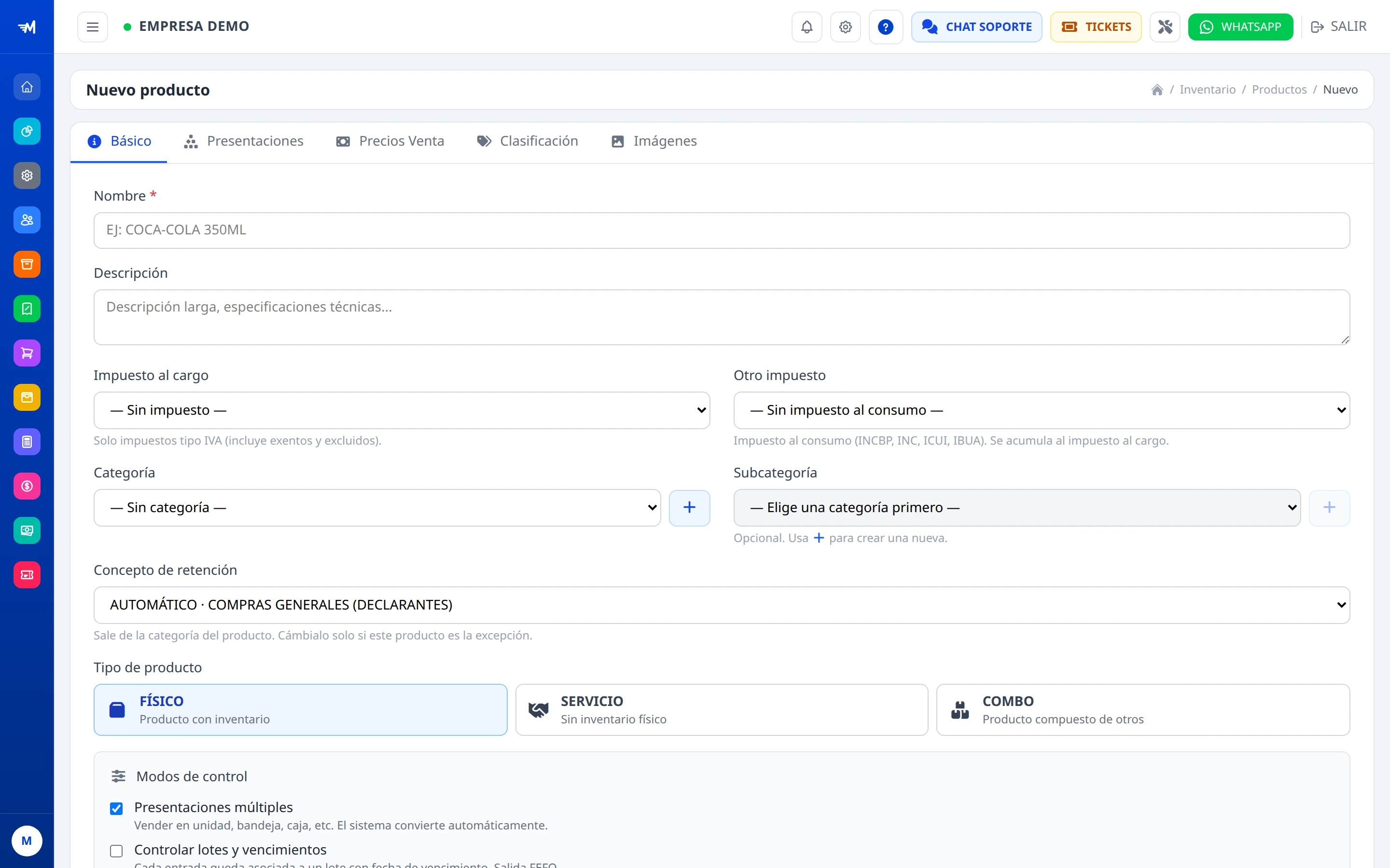 Formulario de creación de un producto en MASFACILITO, pestaña Básico.