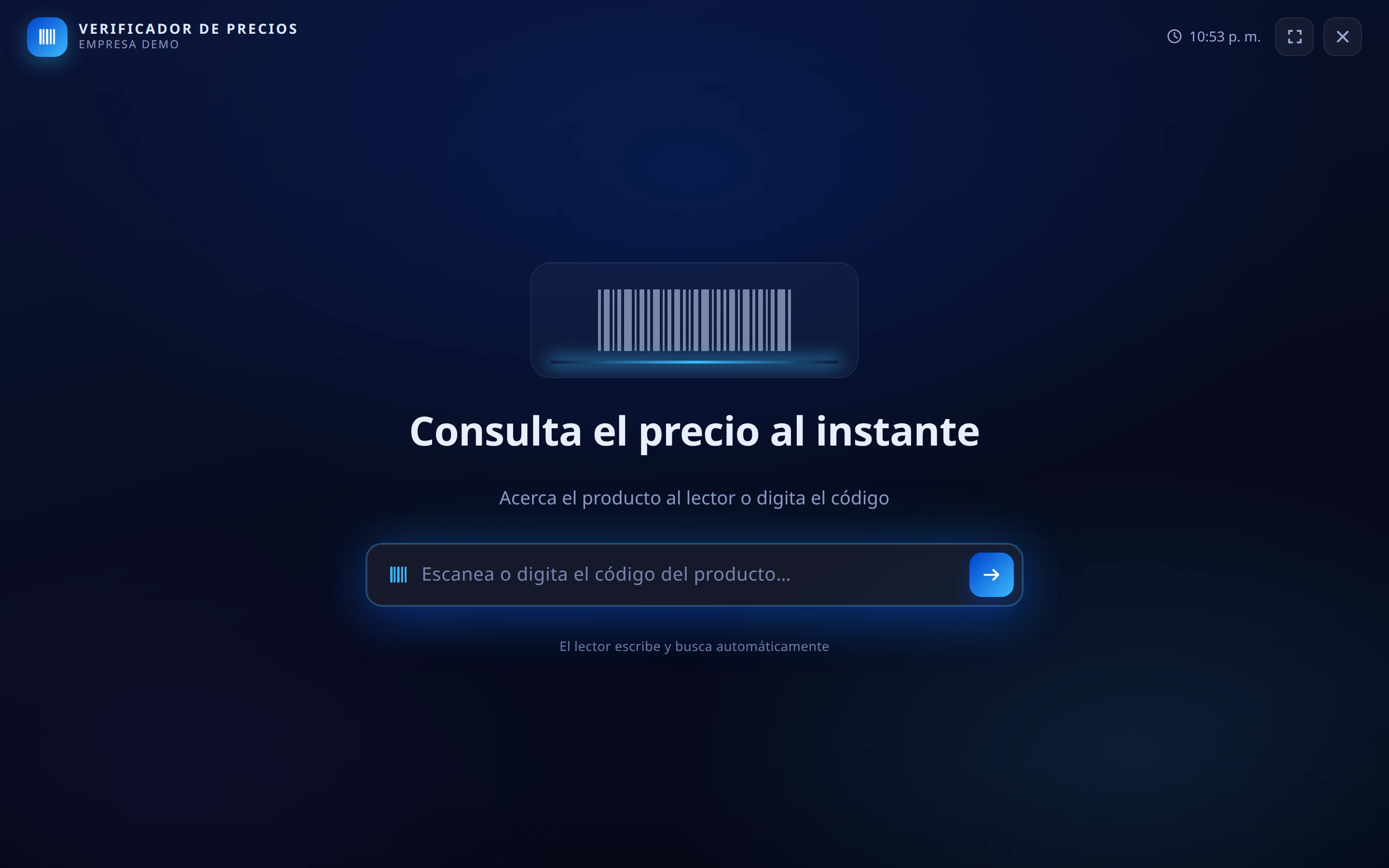 Verificador de precios de MASFACILITO en modo kiosco.